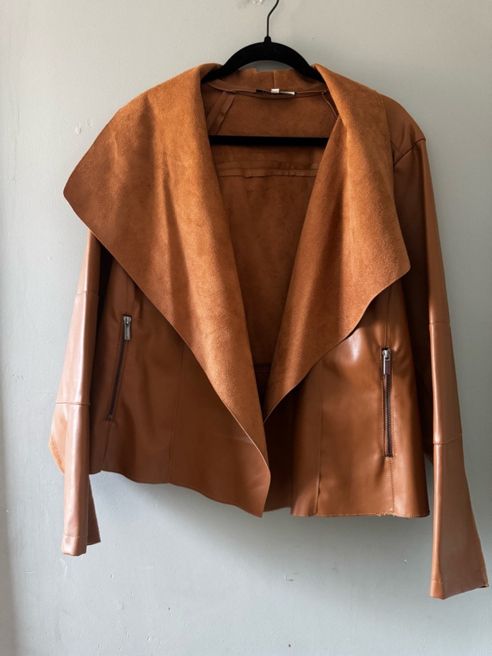 Women’s Tan Faux Leather Draped Open-Front Jacket
